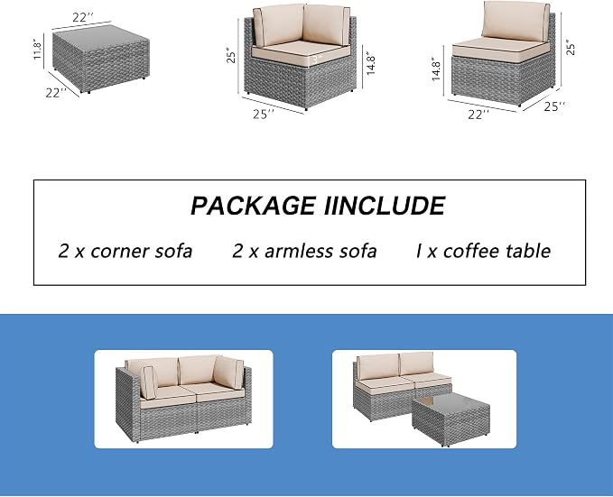 5 Piece Outdoor Patio Furniture Set,Silver PE Rattan Wicker Sectional Sofa, All Weather Conversation Set with Washable Cushions & Glass Coffee Table for Backyard Poolside Garden Porch,Khaki