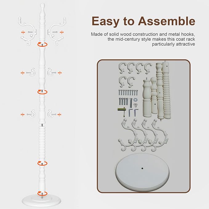 Wooden Coat Rack Freestanding with 18 Hooks, Adjustable Height Coat Tree Free Standing Heavy Duty for Entryway, Easy Assembly Solid Wood Sturdy Coat Hats Hanger Stand for Office Hallway Bedroom,White