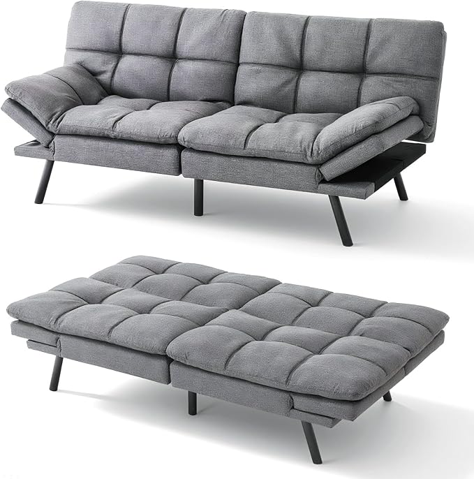 Vipbear 71" Futon Sofa Bed - Convertible Sofa Beds/Adjustable Backrest & Armrest,Detachable Cushion, Loveseat Sleeper for Small Spaces, Apartments & Offices, Silver Grey Futons