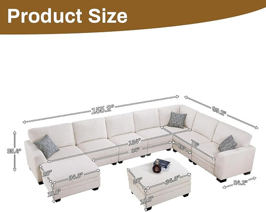 Legend Vansen Sectional Couches for Living Room,L-Shaped Corduroy Sofa with Ottoman for Living Room,Bedroom and Apartment (Cream, U-9)