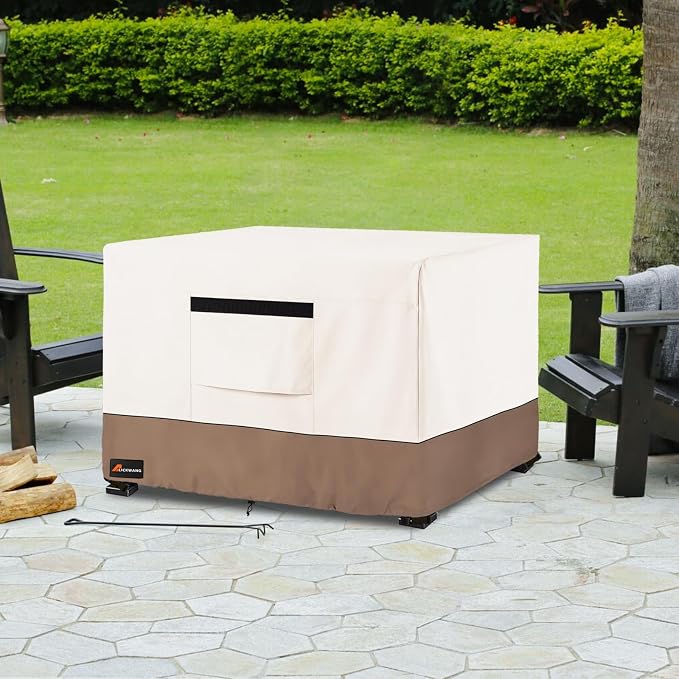 Fire Pit Cover Square, Outdoor Heavy Duty Durable 600D 100% Waterproof Tear-Resistant 26-28 Inch Fire Pit Cover, Patio Fire Pit Table Covers, Beige 28" L x 28" W x 25" H