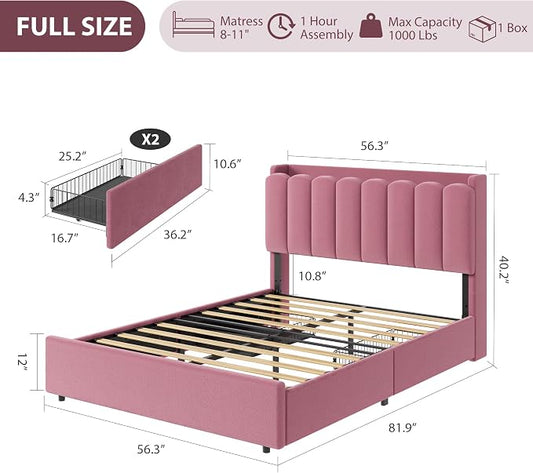 Garvee LED Full Size Bed Frame with Storage Headboard, Kids Bed Frame with 2 Drawers, Boucle Upholstered Platform Bed for Girls, Chic Wavy Headboard with Bookcase, No Box Spring Needed, Dark Pink