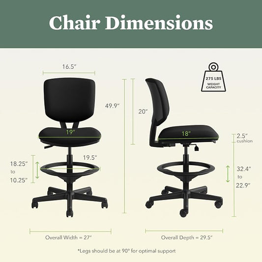 HON Volt Standing Desk Chair with Footring, Armless Ergonomic Task Stool with Center‑Tilt Recline, Adjustable Height Seating for Computers, Desks, and Sit‑Stand Workstations, Black