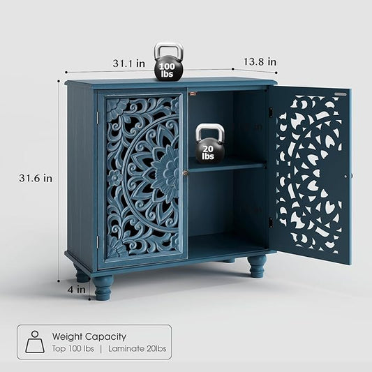 JOINICE 31" Accent Storage Cabinet with Carved Doors,Mandala Blue | Carved Floral Design, Solid Wood Legs, Versatile Storage for Living Room & Bedroom & Hallway, Adjustable Shelf, Easy Assembly