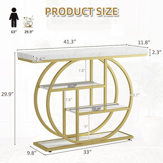 Shintenchi 41.3” Console Table with Storage, Industrial Entryway Table with Marble Top, 4-Tier Shelves Sofa Table Behind Couch, Narrow Accent Table for Living Room, Entryway, Hallway, Foyer,White Gold