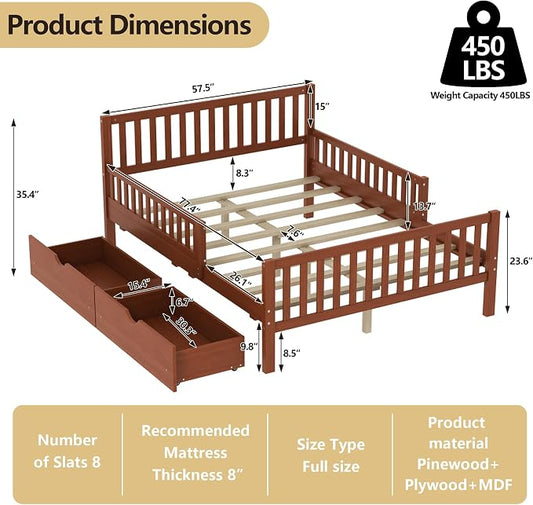 Bellemave Kids Full Bed Frame with Fences and 2 Drawers, Full Size Wooden Platform Bed with Guardrails on Both Sides for Boys Girls, Walnut