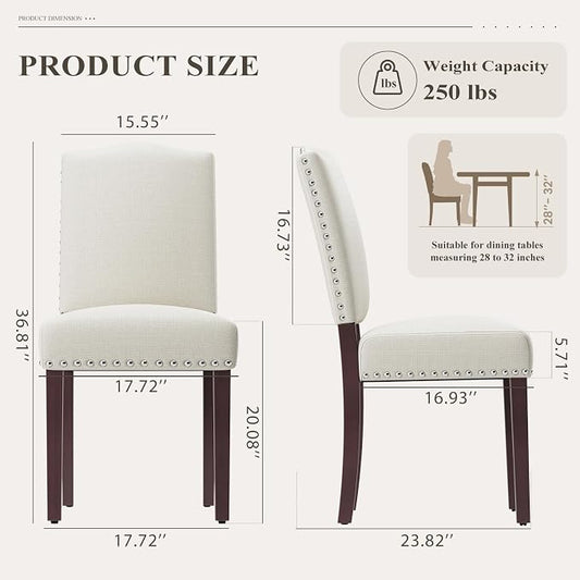 Upholstered Parsons Dining Chairs Set of 2, Modern Dining Room Chairs with Back, Fabric Kitchen Side Chairs with Wood Legs, Nailhead Trim for Dinner Farmhouse Restaurant, Beige