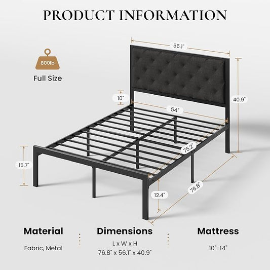 SHA CERLIN Full Size Metal Bed Frame with Linen Tufted Headboard, Dark Gray | Modern Design Heavy-Duty Platform Bed, No Box Spring Need, Linen Fabric Upholstery, Noise Free, Easy Assembly