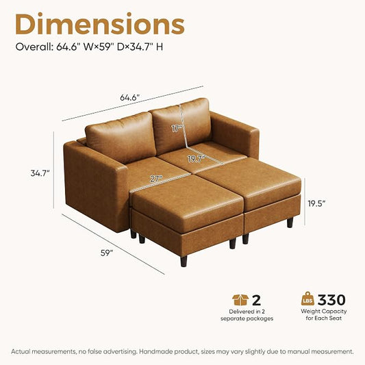 ABCASA Faux Leather Loveseat Sofa Sleeper Bed with Storage Seat, 64.6" Modular Sectional Couch Deep Seat with Reversible Chaise 2-Seat Brown
