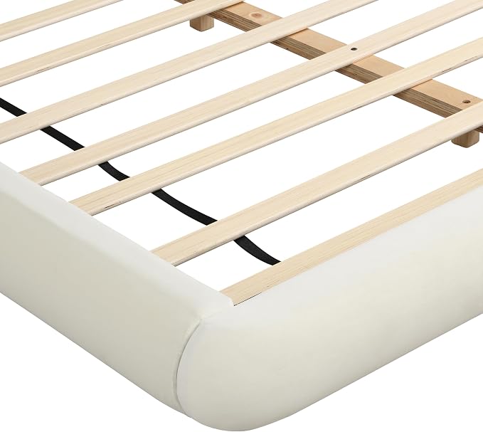 Merax Queen Size Low Profile Floor-Hugging Platform Bed, Platform Bed Frame with 27.45'' Headboard, 800lb WeightCapacity, Upholstered Modern Bed in Fabric, Cream