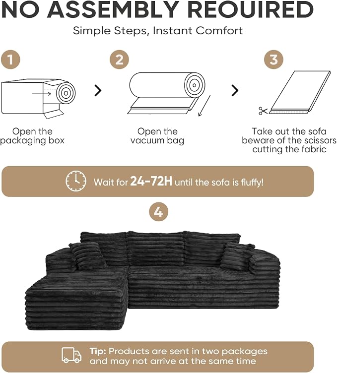 2" Corduroy Boneless Couches for Living Room, L Shape Sofa with Chaise | 102.4" Modular Sectional Sofa, Cloud Couch Sectional with Deep Seat, No Assembly, Black, Left Chaise