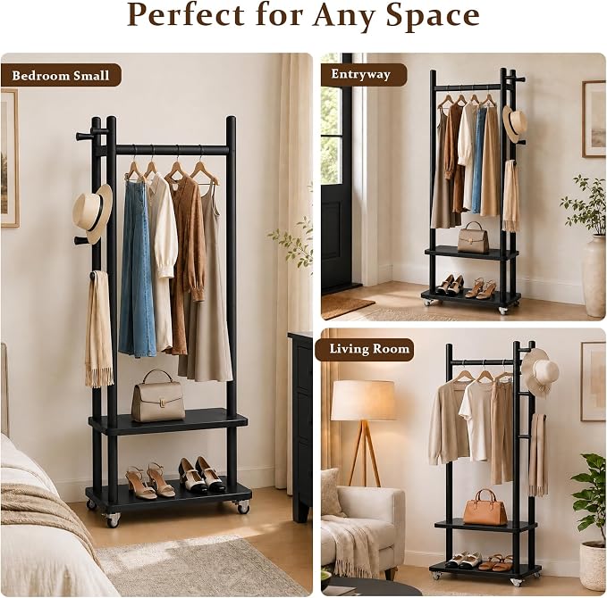 Taitiy Solid Wood Coat Rack Freestanding, Coat Rack Stand with 2 Shelves & 4 Hooks, Coat Tree for Entryway, Hallway, Bedroom, Living Room, Office - Clothing Rack for Coats, Hats, Bags (Black-S-Wheel)