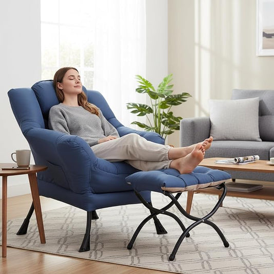 Welnow Lazy Chair with Ottoman, Modern Accent Chair with Armrests and a Side Pocket, Leisure Sofa Armchair, Reading Armchair with Footrest for Small Space, Royal Blue
