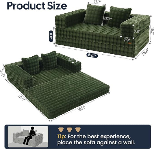 COMAX Futon Sofa Bed, Convertible Sofa Bed, Folding Boneless Couches | Boneless Couch for living room, Fold Out Small Foldable Loveseat Floor Sleeper Mattress Lounge Space‑Saving, Classic Green