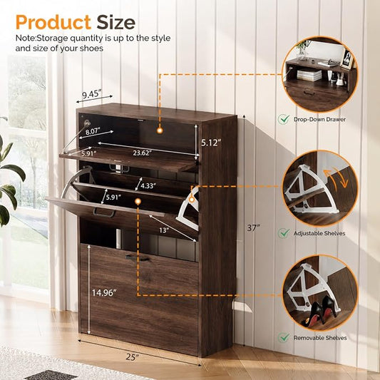 VINGLI Set of 2 Walnut Shoe Cabinet for Entryway, 2-Pack Ultra Slim Shoe Organizer with 2 Flip & 1 Drop-Down Drawers, 24.8" W Narrow Shoe Cabinet, Modern Walnut Wood Shoes Rack for Hallway