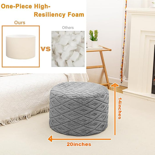 Round Pouf Ottoman 20 x 20 x 14 Inches Boho Poof Home Decor Floor Pouffe Ottoman Foot Rest for Couch Sofa Bean Bag Chairs Living Room Bedroom (Light Gray)
