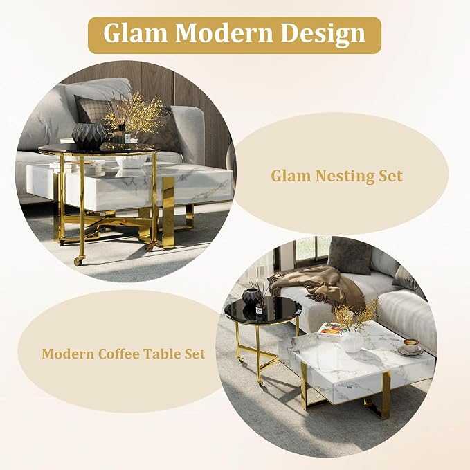 White Faux Marble Coffee Table Set with End Table, Luxurious Gold Coffee Tables 2 in 1, Nesting Coffee Table Set for Living Room Apartment