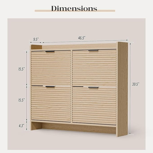 MU 46.5" W Fluted Shoe Storage Cabinet for Entryway, Shoe Cabinet with 4 Flip Drawers, Narrow Wood Shoe Rack Cabinet, Freestanding Hidden Shoe Organizer with Wooden Legs for Hallway, Entrance, Oak