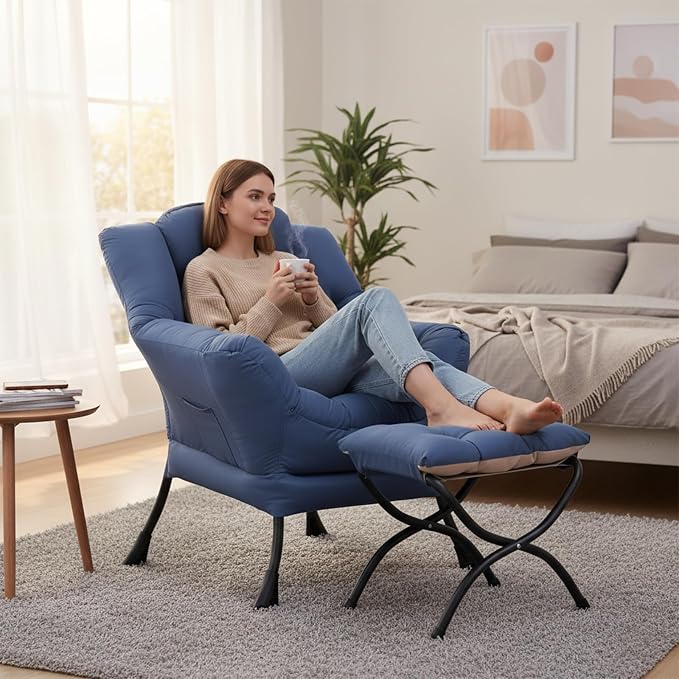 Welnow Lazy Chair with Ottoman, Modern Accent Chair with Armrests and a Side Pocket, Leisure Sofa Armchair, Reading Armchair with Footrest for Small Space, Royal Blue