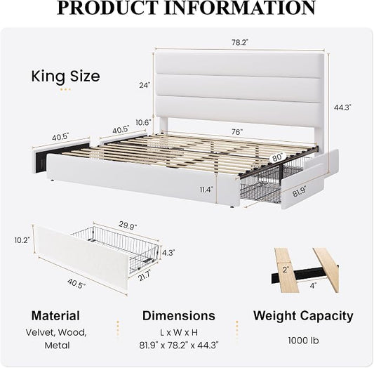 SHA CERLIN King Size Platform Bed Frame with 4 Storage Drawers, Velvet Upholstered Headboard, Mattress Foundation with Wooden Slats Support, No Box Spring Needed, Easy Assembly, White