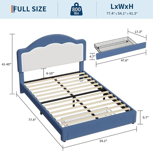 IDEALHOUSE Full Bed Frame with LED Headboard and Under-Bed Drawer, Boucle Fabric Upholstered Platform Bed with LED Light for Kids, Girls, Wooden Slats Support, No Box Spring Needed, Blue