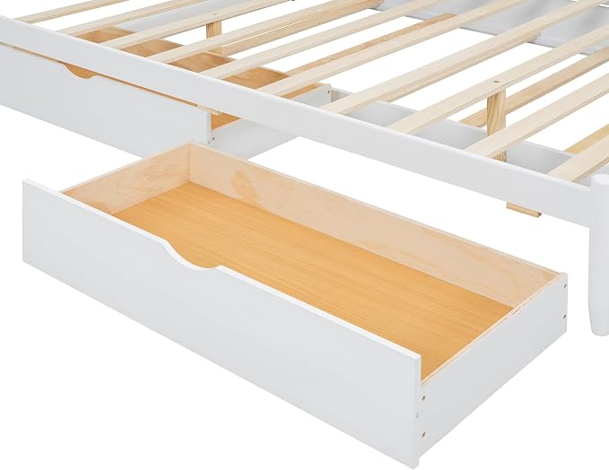 Merax Queen Size Platform Bed with 2 Storage Drawers and Twin XL Size Trundle, Rustic Design Wooden Bed Frame, White