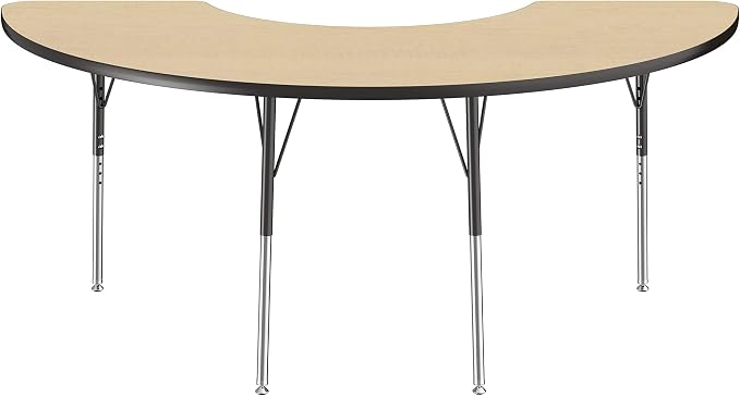 FDP Half Moon Activity School and Office Table (36 x 72 inch), Standard Legs with Swivel Glides for Collaborative Seating Environments, Adjustable Height 19-30 inches - Maple Top and Black Edge