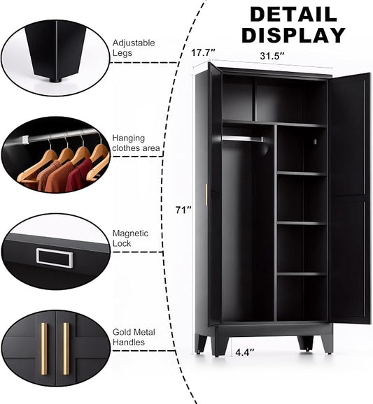 71" H Tall Pantry Cabinet with Doors,Kitchen Pantry Cabinet,Black Metal Storage Cabinets,Garage Storage Cabinet,Food Storage Cabinet with Doors and Shelves