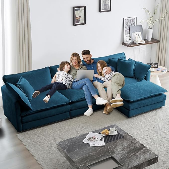 111.5" Modular Sectional Sofa, Large L Shaped Sectionals Cloud Couch, Big Comfy 3-Seat Couch with Ottoman, 4 Seater Chenille Sectional Sofa with Deep Seat and 5 Pillows for Living Room- Blue