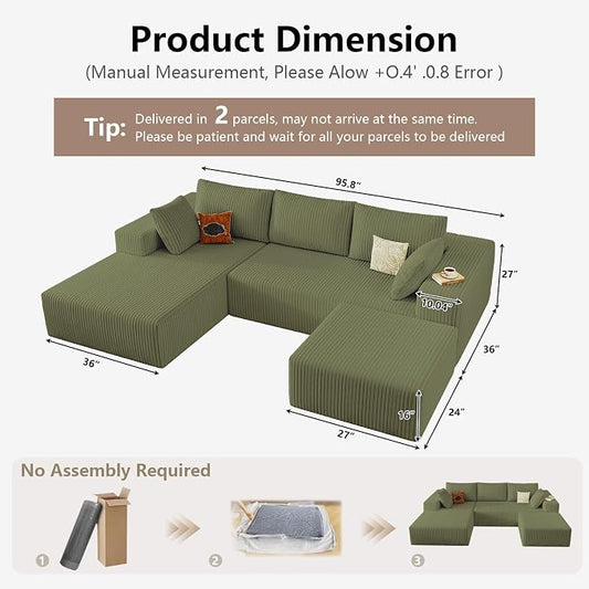 95" Cloud Sectional Couch U-Shaped Chaise with Ottoman, Corduroy Boneless Couch for Living Room Bedroom, Deep-Seat Upholstered Modular Cloud Sofa, No Assembly Required (Green, Left Facing Chaise)