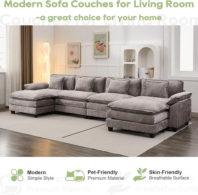 Oprisen 154" Modular Sectional Sofa, Comfy Cloud Couch Sectional Sofa with Ottoman, Chenille Sofa Sleeper Deep Seat Sofa with Throw Pillows for Living Room (Light Gray, 154"- U Shape)