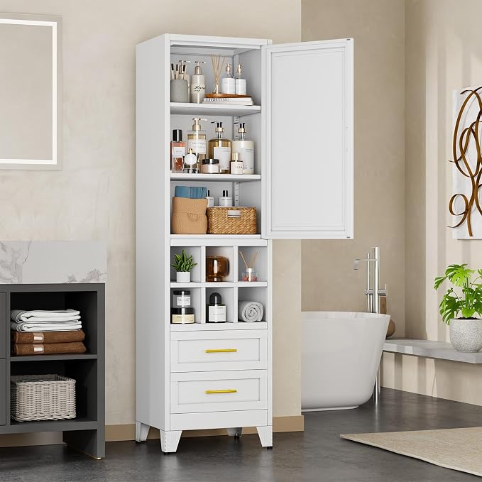 Metal Tall Narrow Storage Cabinet, Freestanding Floor Cabinet with Drawers and Adjustable Shelves, Pantry Storage Cabinets for Bathroom, Living Room, Entryway and Kitchen,White