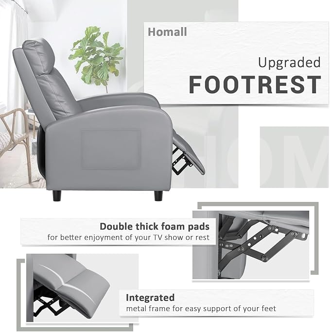 Homall Recliner Chair, Recliner Sofa for Adults, Recliners Home Theater Seating with Lumbar Support, Reclining Sofa Chair for Living Room (Leather, Grey)