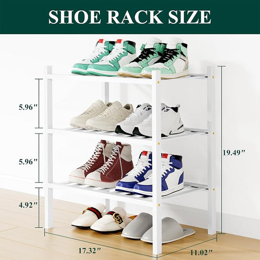 Smiry Small Bamboo Shoe Rack, 3 Tier Free Standing Wooden Shoe Organizer, Stackable Wood Shoe Storage Shelf for Closet, Entryway, 12 Vertical Slats, 2+1 Stack Standard Legs, 17.3"x11"x19.5", White