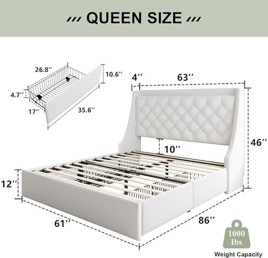 Feonase Upholstered Queen Size Bed Frame with 4 Storage Drawers, Charging Station, Tufted Wingback Storage Headboard, No Box Spring Needed, Easy Assembly, White