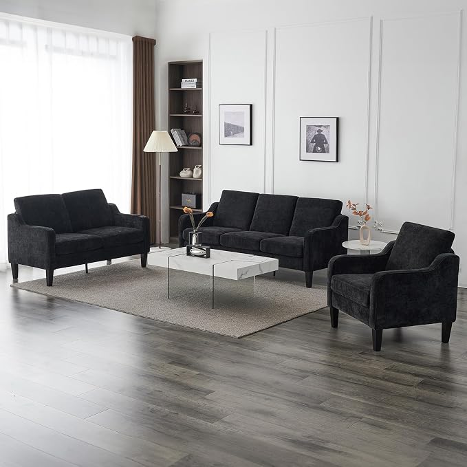 VINGLI Black Couches for Living Room, 71" Small Couch Comfy 3 Seater Upholstered Chenille Sofa Mid-Century Modern Floor Sofas for Small Spaces, Bedroom, Apartment, Lounge, Office