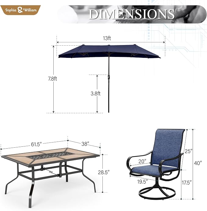 Sophia & William Patio Set with Umbrella Outdoor Dining Set for 6 with 13ft Umbrella Navy Blue, 6 x Patio Chairs Blue, 1 Wood Like Outdoor Dining Table for Deck Lawn Garden (No Umbrella Base)