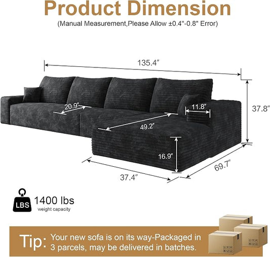 AUGOP 136" Sectional Couches for Living Room Modern Modular Sofa with L-Shape Couchs Upholstered Boneless Couch Deep Seat Sectional Couch with Chaise (Black, Right Facing Chaise+3Seaters)