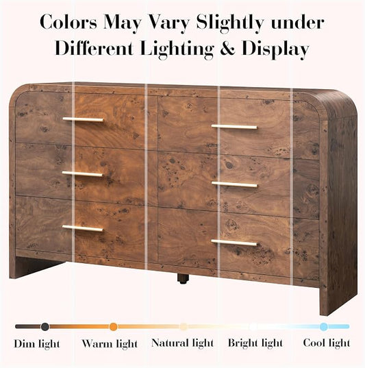 Curved 6 Drawer Dresser for Bedroom, 54'' Wide Chest of Drawers, Farmhouse Storage Cabinet for Hallway & Living Room TV Stand, FSC Certified 1.18" Thick Board, 100 lbs Top Weight, Dark Burl