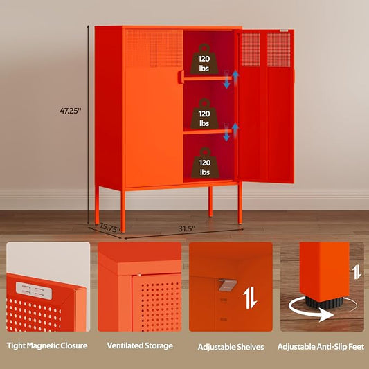 47''H Orange Metal Storage Cabinet, Metal TV Stand with 2 Adjustable Shelves, 3-Tier Metal Locker with Vent Hole, Storage Cabinets for Entryway, Home Office, Music Studio, Home Office