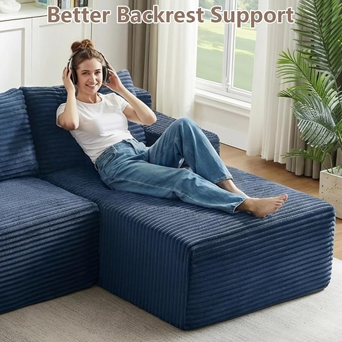96" Cloud Sectional Couch U-Shaped Chaise with Ottoman, Corduroy Boneless Couch for Living Room Bedroom, Deep-Seat Upholstered Modular Cloud Sofa, No Assembly Required (Blue, Right Facing Chaise)