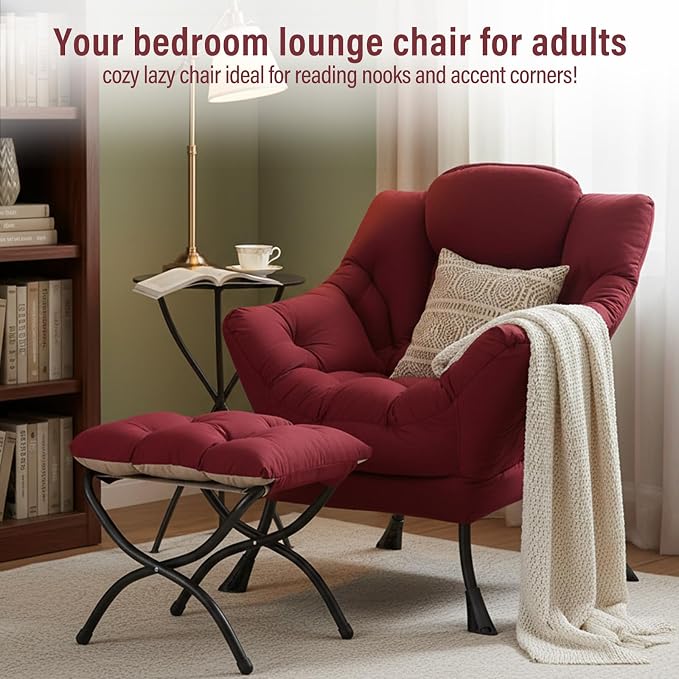Furlide Lazy Chair with Ottoman, Modern Accent Chairs with Folding Footrest, Burgundy Sofa Chair Set, Comfortable Reading Chairs, Oversized Armchairs for Bedroom, Study, Living Room, Courtyard