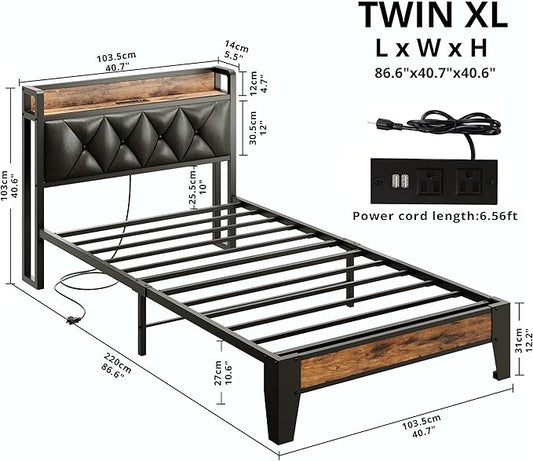 ANCTOR Twin XL Bed Frames, Storage Headboard with Outlets, Easy to Install, Sturdy and Stable, No Noise, No Box Springs Needed, Rustic Brown and Black