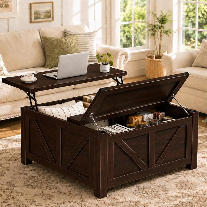 Simple Deluxe Lift Top Coffee Table with Storage, 35.5" Square Coffee Tables for Living Room, Farmhouse Coffee Table with Power Outlets, Coffee Tables with Lifting Top for Living Room (Brown)