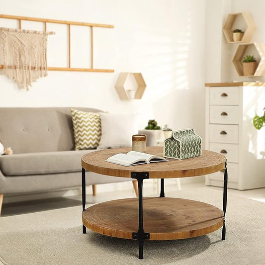 Awescuti Round Boho Wood Coffee Table - 29.1" Farmhouse Natural Circle Wooden 2-Tier Coffee Tables Living Room Furniture, 29.1" D x 18.3" H, Natural Wood Color