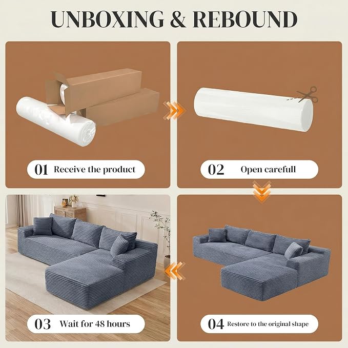 95" L Shaped Cloud Boneless Sectional Couches for Living Room, Modern Comfy Modular Deep Seat Memory Foam Compressed Corduroy Sofa Oversized Right Facing Chaise, No Assembly Required, Grey