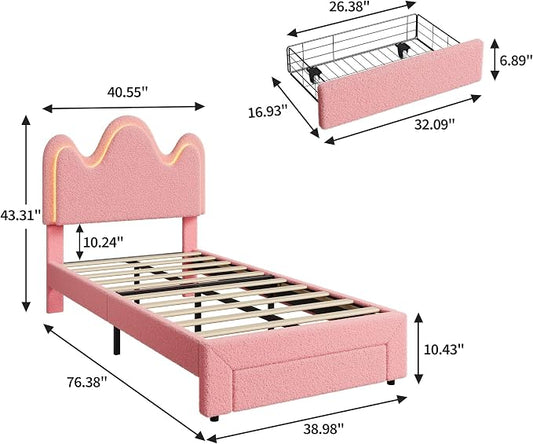 IDEALHOUSE Twin Bed Frame with LED Headboard and Under-Bed Drawer, Metal Upholstered Platform Bed with LED Light for Kids, Girls, Lamb Fleece Fabric, Wooden Slats Support, No Box Spring Needed, Pink