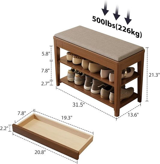 Small Shoe Bench with Storage, Wooden Shoe Storage Bench with Cushion&Hidden Drawer, 2-Tier Shoe Rack Bench for Entryway, Mudroom, Hallway