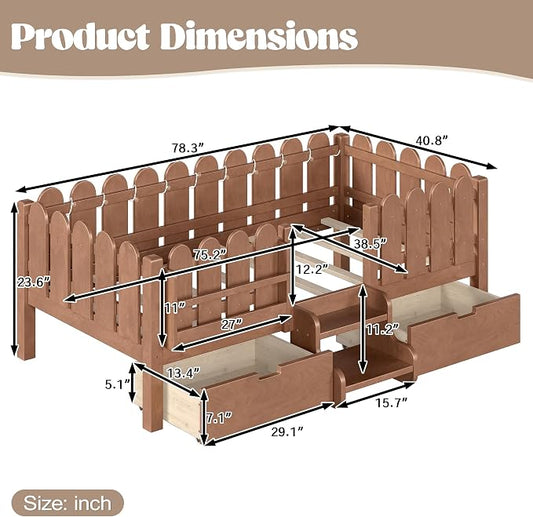 Bellemave Twin Kids Montessori Bed with Stairs, Bookshelf and LED Lights, Solid Wood Kids Bed Frame with Storage Drawers for Boys Girls, Low Profile,Deep Natural