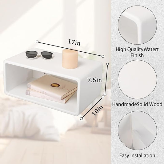 Floating Nightstand Wooden, Bedside Table, Nightstand Shelf, Handmade, Wall Mounted Bedside Shelf, Minimalist and Unique Style White 18”x 10”x 7.5”